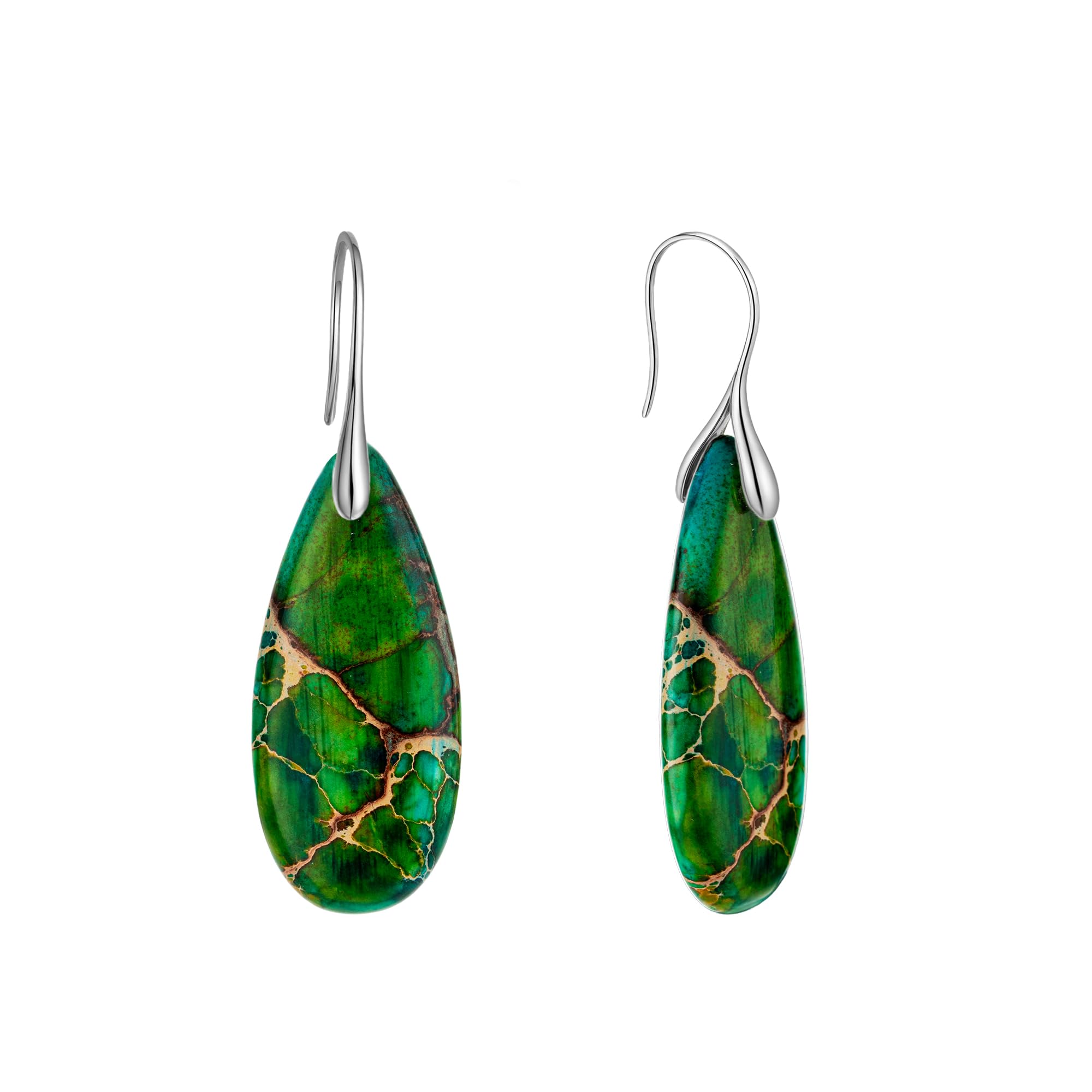 925 Sterling Silver Natural Imperial Jasper Dangle Drop Earrings, Waterdrop Shape, Boho Style
