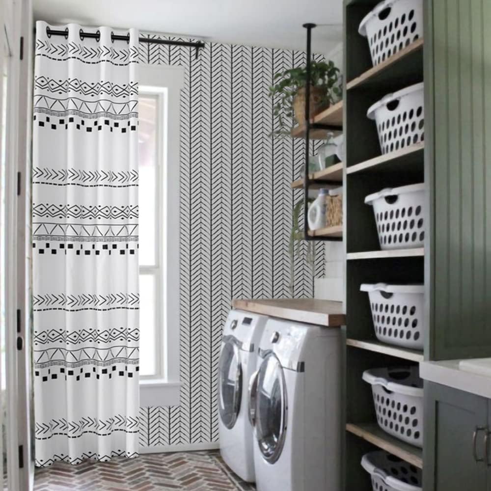 Sliding Closet Curtains for Bedrooms Door,Accordion Look Privacy Temporary Boho Window Drape Geometric Print Patterned Design Blackout Curtain for Doorway Girl Dorm Nursery Farmhouse Decor,Black White