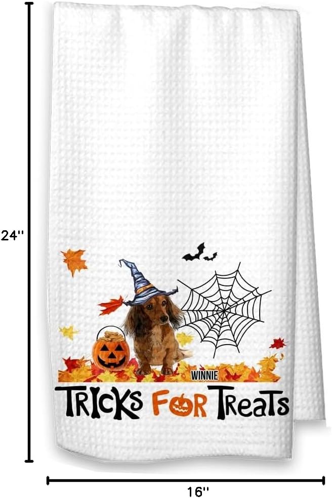 Personalized Dachshund Halloween Kitchen Towel – “Tricks for Treats” Custom Dog Name Dish Towel – Microfiber Dog Lover Hostess Housewarming Gift – Printed in USA (White Towel, Long Hair Personalized)