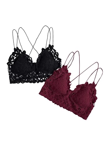Floerns Women's Sexy Lace V Neck Criss Cross Back Bralette Crop Top - Medium - Black and Red