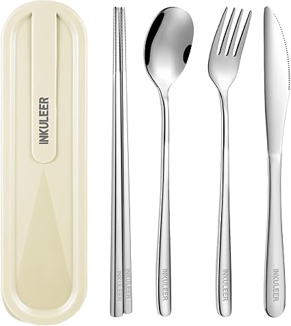 Travel cutlery set, 18/8 stainless steel cutlery, Reusable utensils set with case, Portable Silverware Lunch Box for Camping and Office-Stainless steel