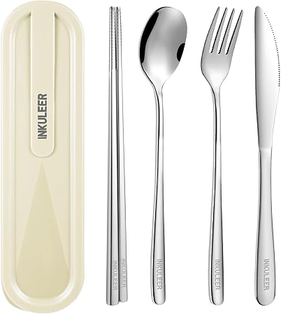 Travel cutlery set, 18/8 stainless steel cutlery, Reusable utensils set with case, Portable Silverware Lunch Box for Camping and Office-Stainless steel