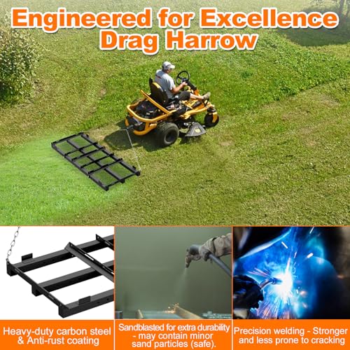 4 Ft Drag Harrow, Heavy Duty Driveway Grader, Tow Behind Lawn Rake with 5 Ft Chain, 4 Safety Belts, 2 Adjustable Bars, Driveway Drag for Gravel, Sand, Lawn, Soil, Hay, ATV, UTV, Mower, Tractor, Black - Thumbnail 3