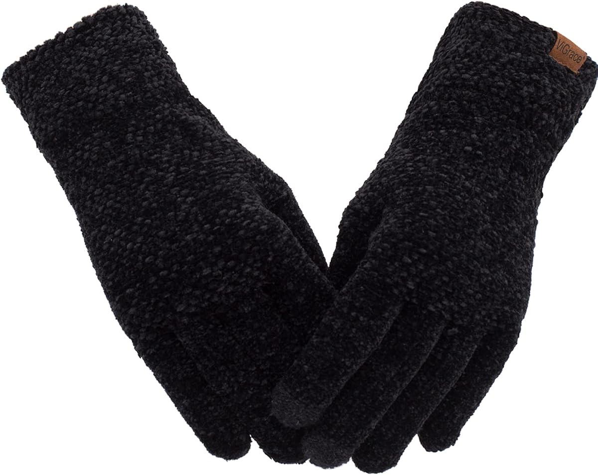 Winter Touchscreen Gloves for Women Chenille Warm Knit with 3 Touch Screen Fingers Texting Elastic Cuff Thermal Glove