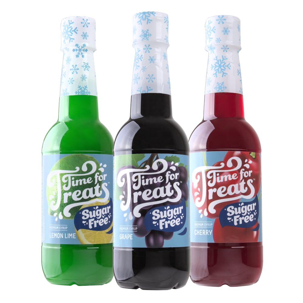 Time For Treats 3-Pack Sugar Free Cherry, Grape, Lemon LIme Syrup 16.9 Fluid Ounce Per Bottle for Snow Cones, Homemade Sodas, Cocktails, Coffee,