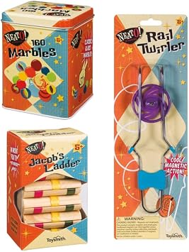 Toysmith Neato! Jacobs Ladder, 160 Marbles in a Tin, and Magic Rail Twirler; Classic Retro Toy Set