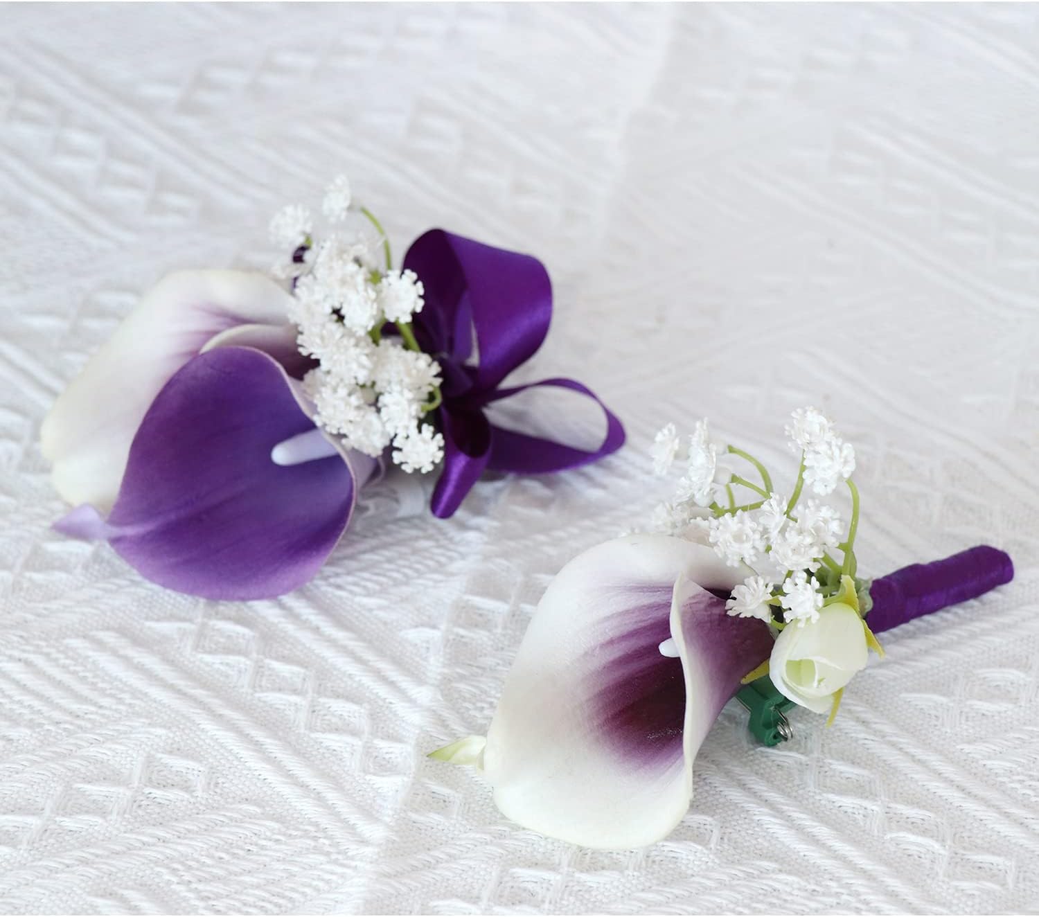 Purple Real Touch Calla Lily Baby Breath Boutonniere Pin for Prom Party Ball Ceremony Anniversary and Rustic Vintage Wedding Flower (Boutonniere)