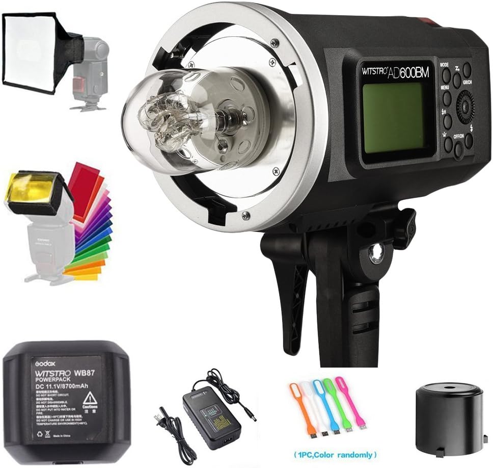 Exclusive Discount 50% Price Godox AD600BM Bowens Mount 600Ws GN87 High Speed Sync Outdoor studio Flash Strobe Monolight Light with 2.4G Wireless X System & 8700mAh Battery with 15x17cm Softbox & Filter & USB LED
