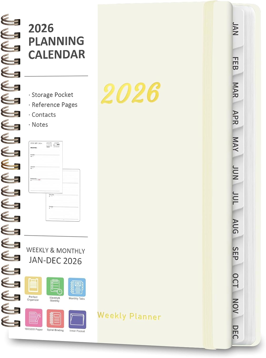 ROBBZY 2026 Weekly Monthly Planner A5 - Academic Agenda Jan-Dec with Tabs, Thick 100GSM Paper, Motivational Quotes