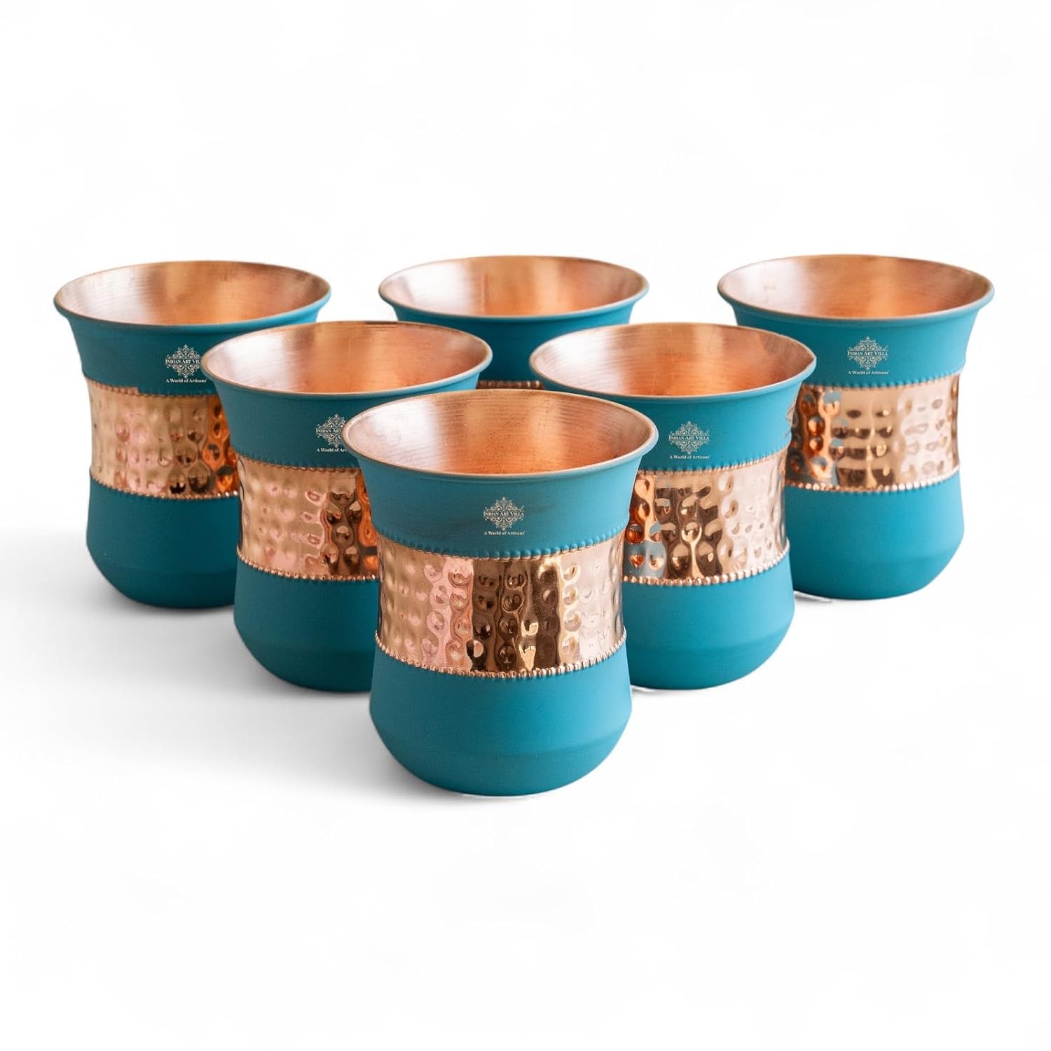 Indian Art Villa Copper Half Silk Finish Sky Blue Glass 10 Oz Pure Copper Hammered Drinkware for Daily