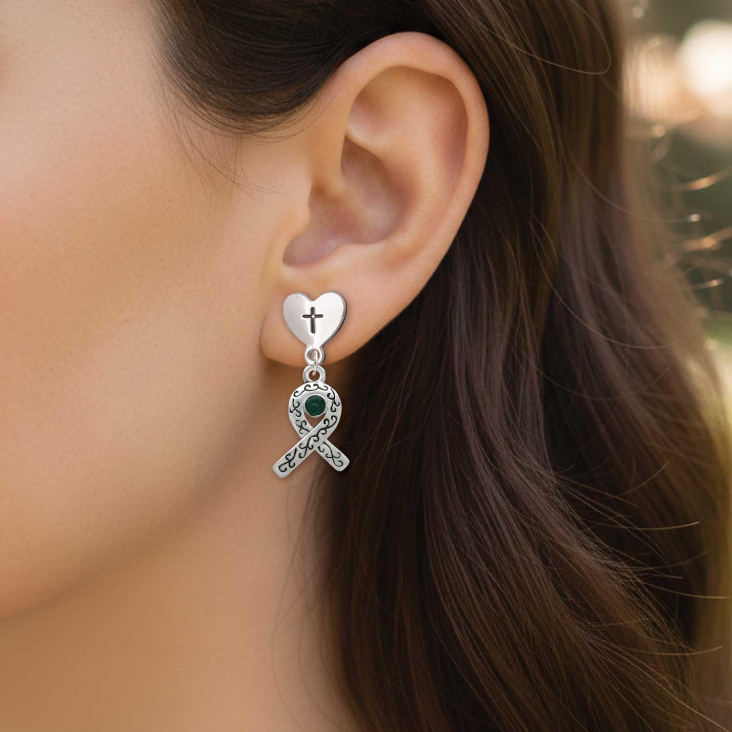 Delight Jewelry Silvertone Scroll Ribbon with Crystal Cross in Heart Post Dangle Earrings