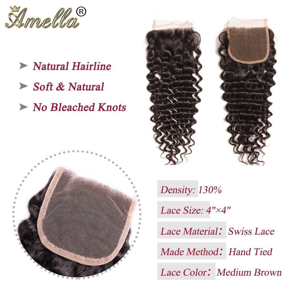 Amella Hair 8A Brazilian Deep Wave Bundles with Closure Free Part 16 18 20+16Inch Deep Wave Curly Bundles Human Hair with 4x4 Lace Closure Natural Color