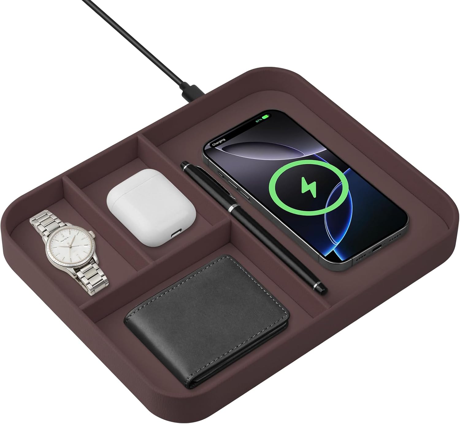 VOVIPO Faux Leather Valet Tray,with 2 in 1 Wireless Charging Compitable With iPhone/17/16/15/15 Plus/15 Pro/15 Pro Max/14/13/12/Wireless earphones,Office/Home Desk Organizers Tray-Brown