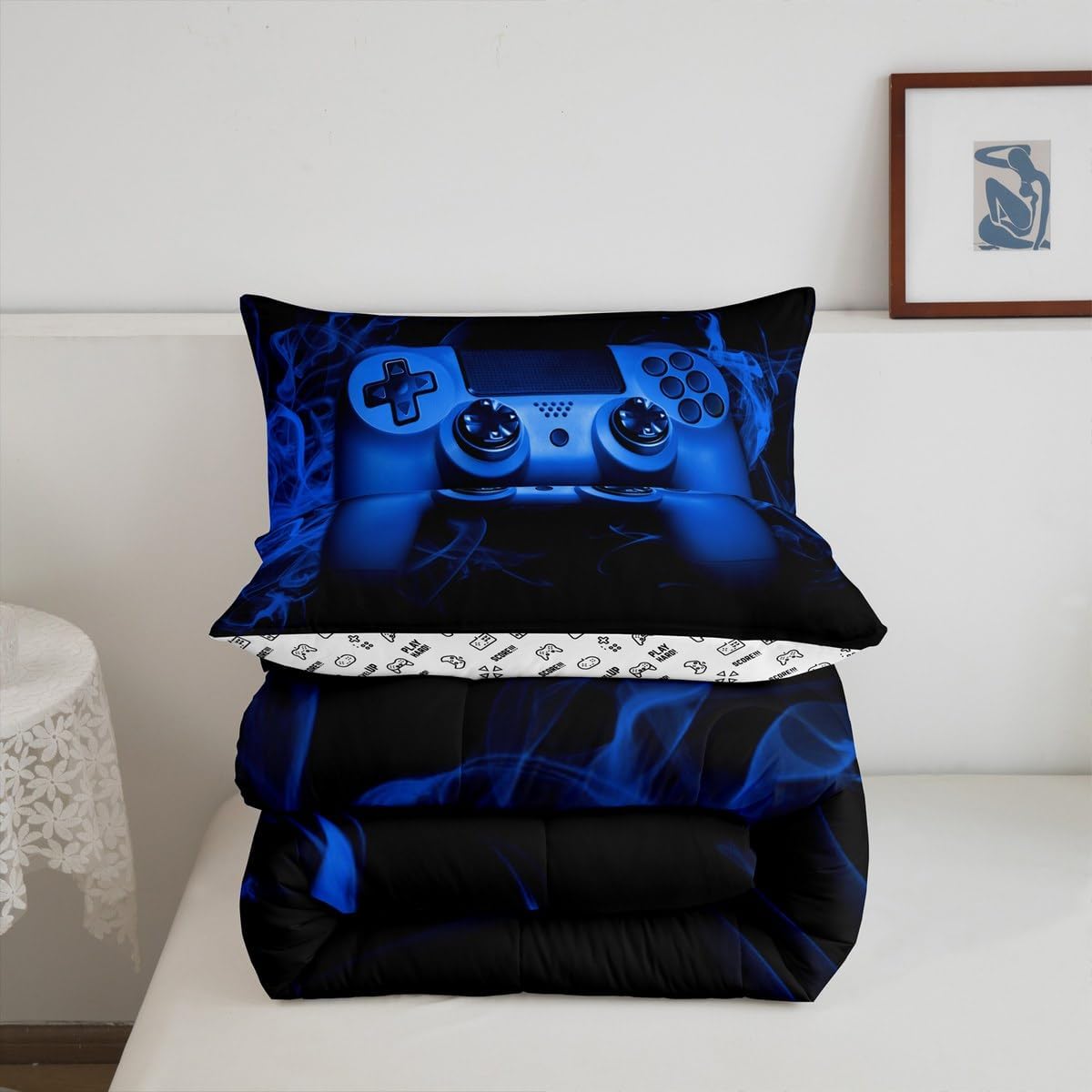Feelyou Blue Gaming Comforter Set King Size Gamer Comforter Teens Boys Video Game Decor Bedding Set Kids 3 Piece Console Game Controller Quilted Duvet Set Soft Black