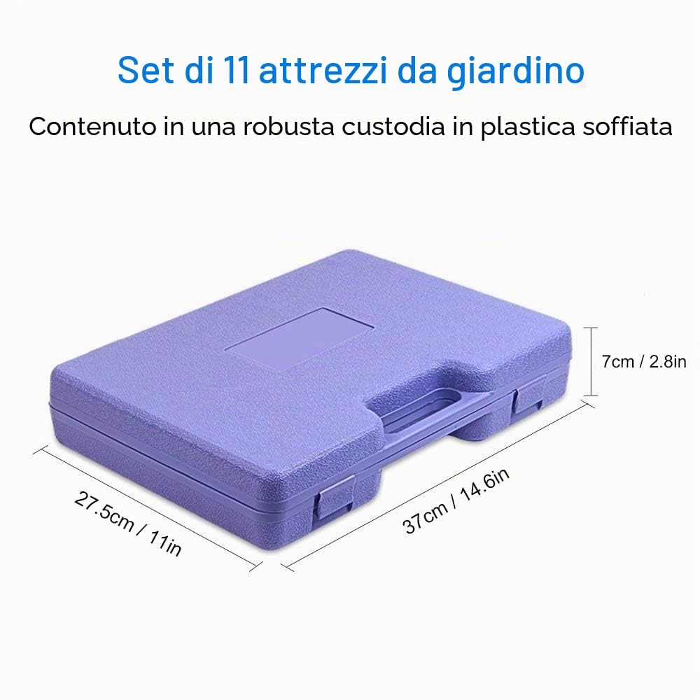 Set Attrezzi da Giardino, 11 Pezzi Regali da Giardinaggio, Impugnatura Ergonomica, Cazzuola, Rastrello, Pale, Potatore, Cesoie, Spruzzatore, Guanti, Custodia per il Trasporto