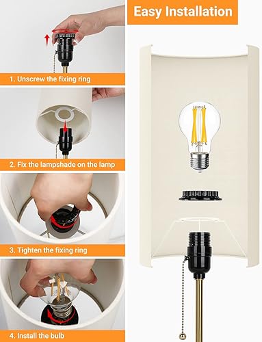 Miniatura 6 de JUNNAI Lámpara de mesita de noche con base de mármol interruptor de cadena de tracción regulable de 3 vías  Pantalla de tela de lino y poste dorado