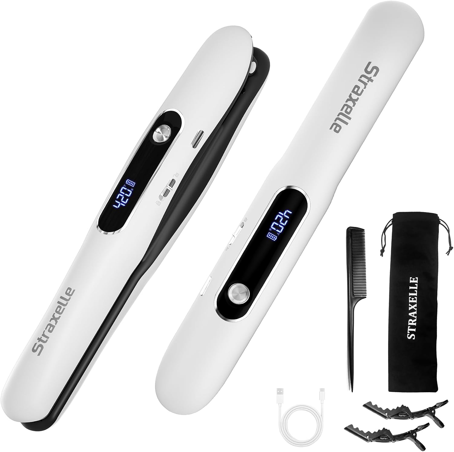 Mini Cordless Hair Straighteners and Curler,5000mAh Rechargeable Travel Straighteners Cordless with LED Display,2 in 1 Portable Flat Iron Hair Straightener 3 Temp Levels for Fine to Thick Hair (White)