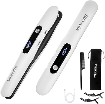 Mini Cordless Hair Straighteners and Curler,5000mAh Rechargeable Travel Straighteners Cordless with LED Display,2 in 1 Portable Flat Iron Hair Straightener 3 Temp Levels for Fine to Thick Hair White