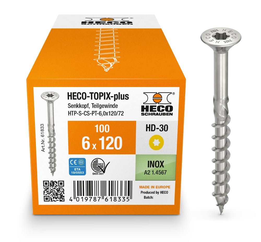 HECO-TOPIX-plus Holzbauschraube 6 x 120, Senkkopf mit Frästaschen, HECO-Drive, HD-30, Teilgewinde, Edelstahl A2, 100 Stück