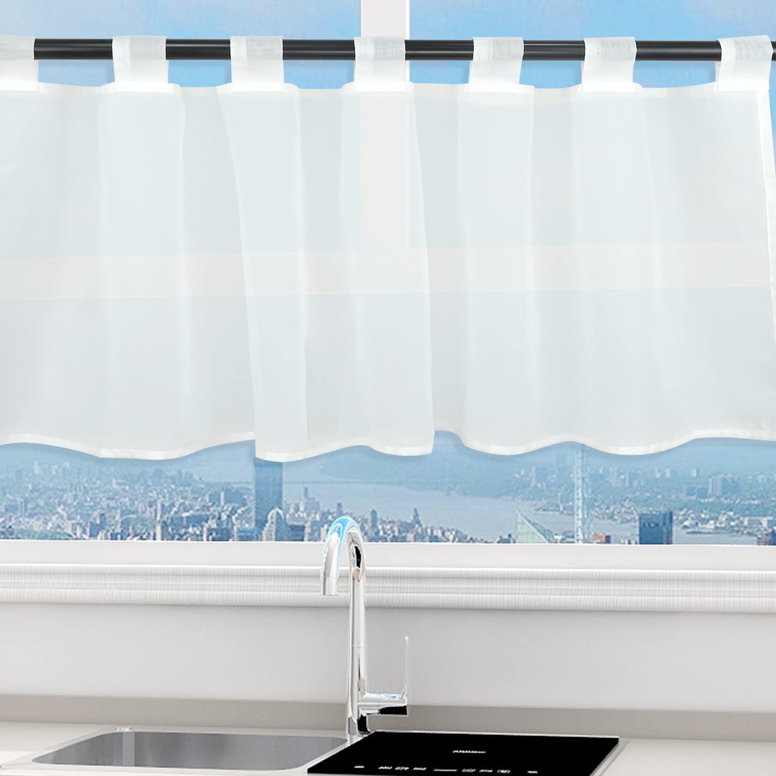 Rideaux Brise-bise, Rideau Brise Bise Cuisine En Semi-transparent Polyester Transparent Court Voilage Décor Voilage Demi-Rideaux Courts Petit Rideaux Voile Passe Tringle Pour Salon, 60 X 90 Cm - Blanc