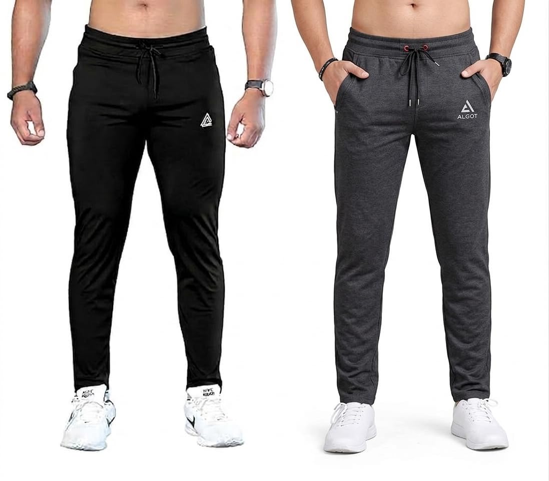 Men's Track Pants Combo Pack of 2 (Black & Grey) | Stretchable Sports Joggers for Men | Gym Running Workout Lower | Slim F...