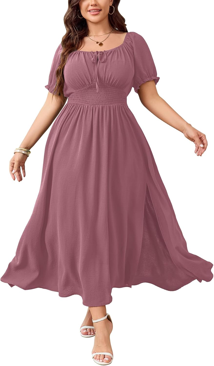 SHESTARR Women's Plus Size Maxi Dress Short Sleeve Smocked Square Neck Tie Front Split A-Line Flowy Long Dresses