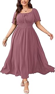 Women's Plus Size Maxi Dress Short Sleeve Smocked Square Neck Tie Front Split A-Line Flowy Long Dresses