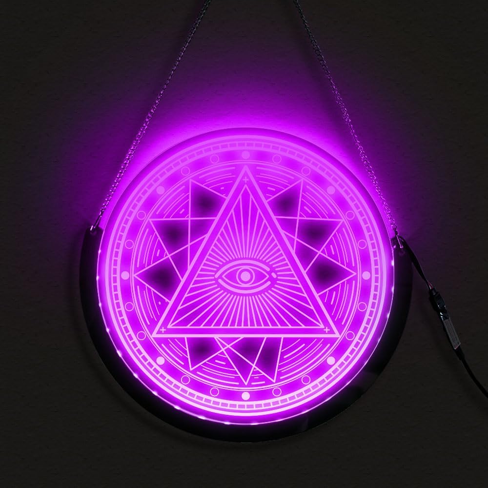 The Geeky Days Eye of Providence LED Round Hanging Sign with Color Changing Light All-seeing Eye Of God Ancient Triangle Decorative Signs Decor(30x30cm/12x12inch)