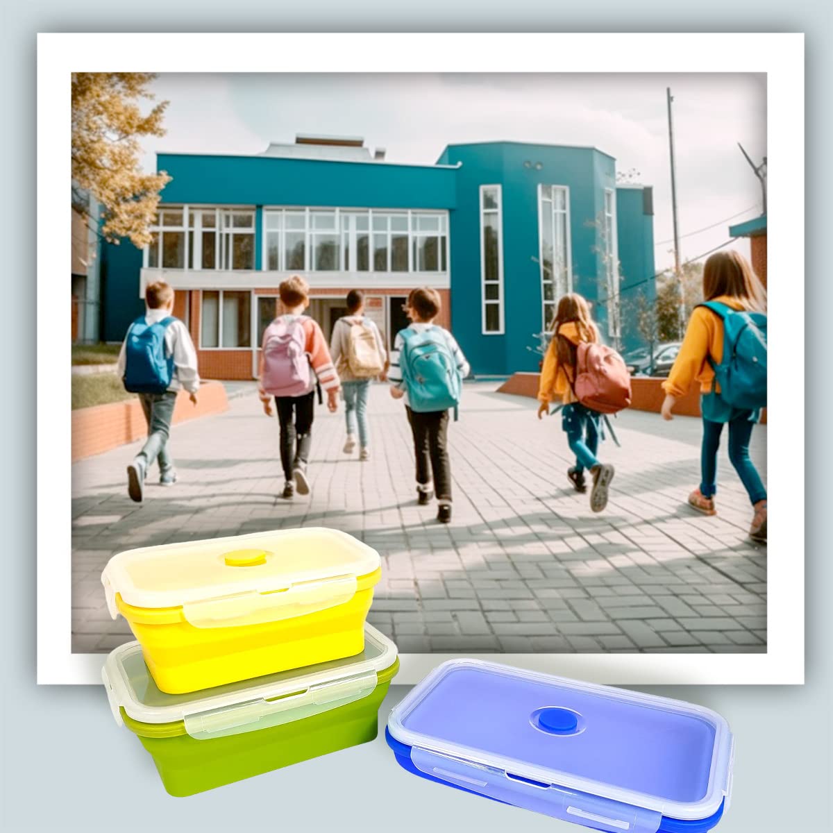 Contenitori pieghevoli in silicone per alimenti con coperchio ermetico e valvola di sfiato, contenitori impilabili Bento sottili pieghevoli, adatti a microonde e congelatore e lavastoviglie, blu