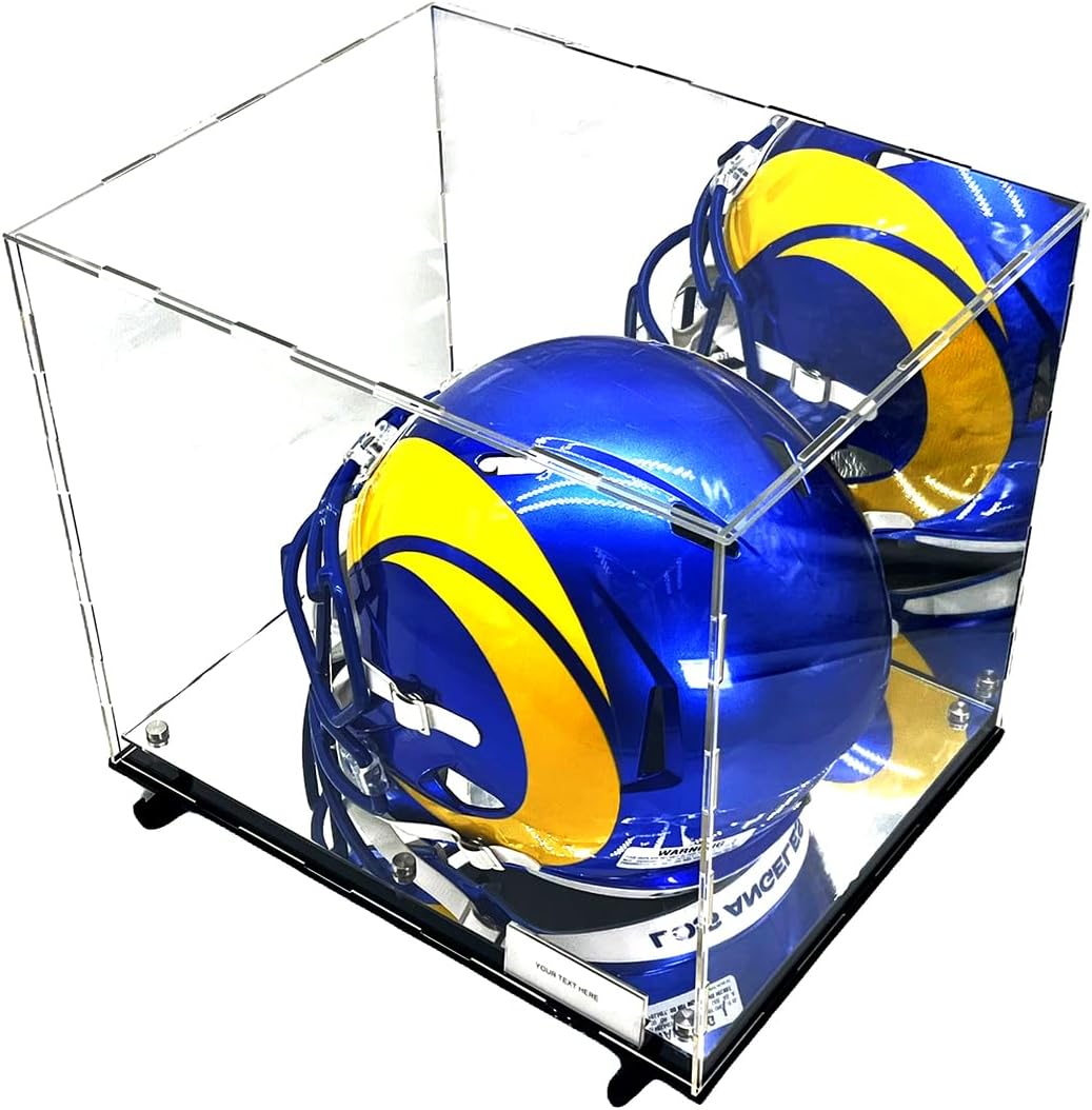 Football Helmet Display Case with Wall Mount -Box Mirror 2-Level Riser Showcase Shoes UV Protection (Display Case + Wall Mounts)