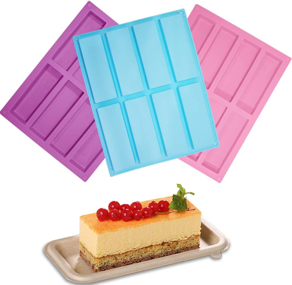 SENHAI 3 Pack Rectangle Silicone Molds, 8-Cavity Flexible and Non-stick DIY Soap Molds Energy Bar Cereal Bar Maker Chocolate Cake Loaf Bread Baking Pans - Pink, Blue, Purple