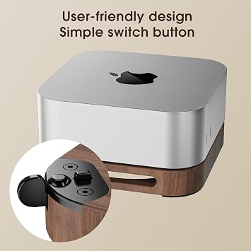 RQUOIRE 2024 Mac Mini M4/M4 Pro Stand Accessories,Wood Desk Stand with Cooling Pad and Dust Mount - Proof Base for Hassle -Easy Power Button Access (Dark Brown)