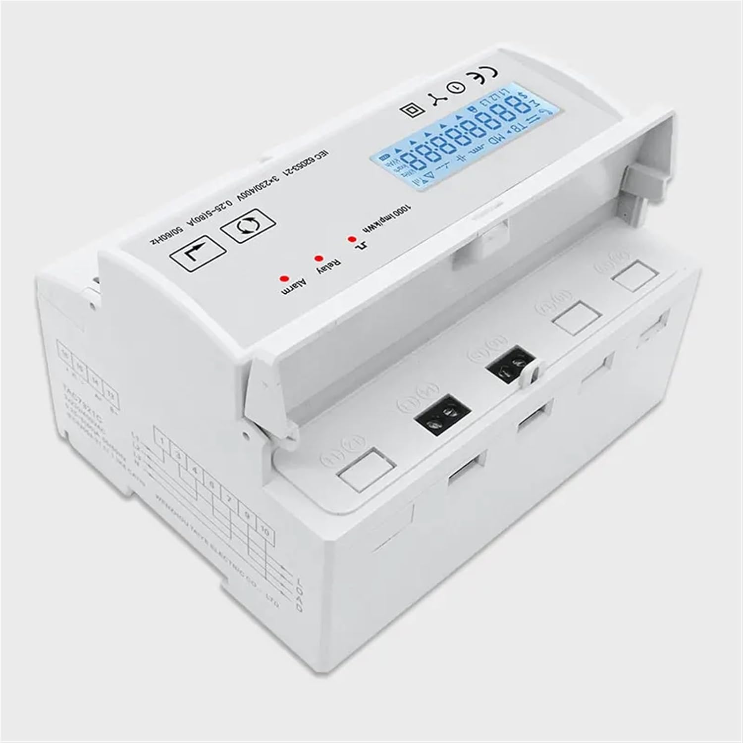 Angled view of the YOMAJURU TAC7321C Three-Phase Energy Meter showing terminal covers