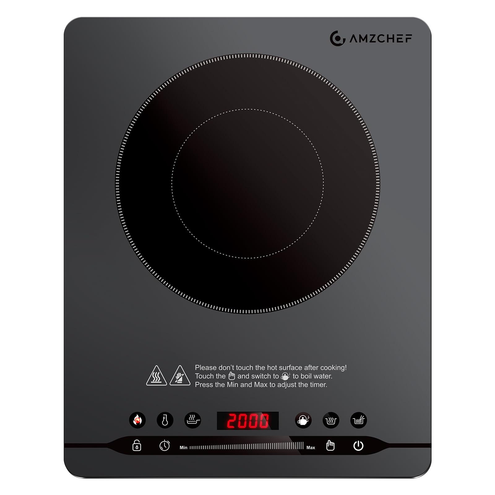 AMZCHEF 2000W Portable Induction Hob, 4 cm Slim Design, Quiet Operation (≤42dB), 9 Power and Temperature Levels, 4 Automatic Menus, Child Lock, Timer, Grey