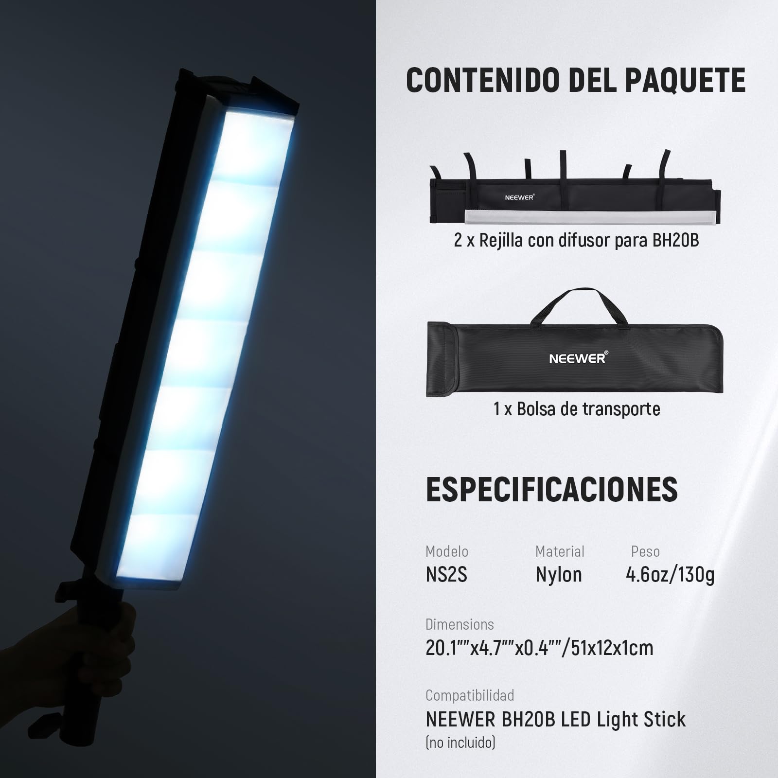NEEWER Difusor de Softbox de Rejilla de Luz de Tubo para Barra de Luz LED BH20B, 2 Pack Softbox de Tira de Rejilla de Panal con Difusor, Bolsa de Transporte, Cierres Táctiles para YouTube TikTok, NS2S