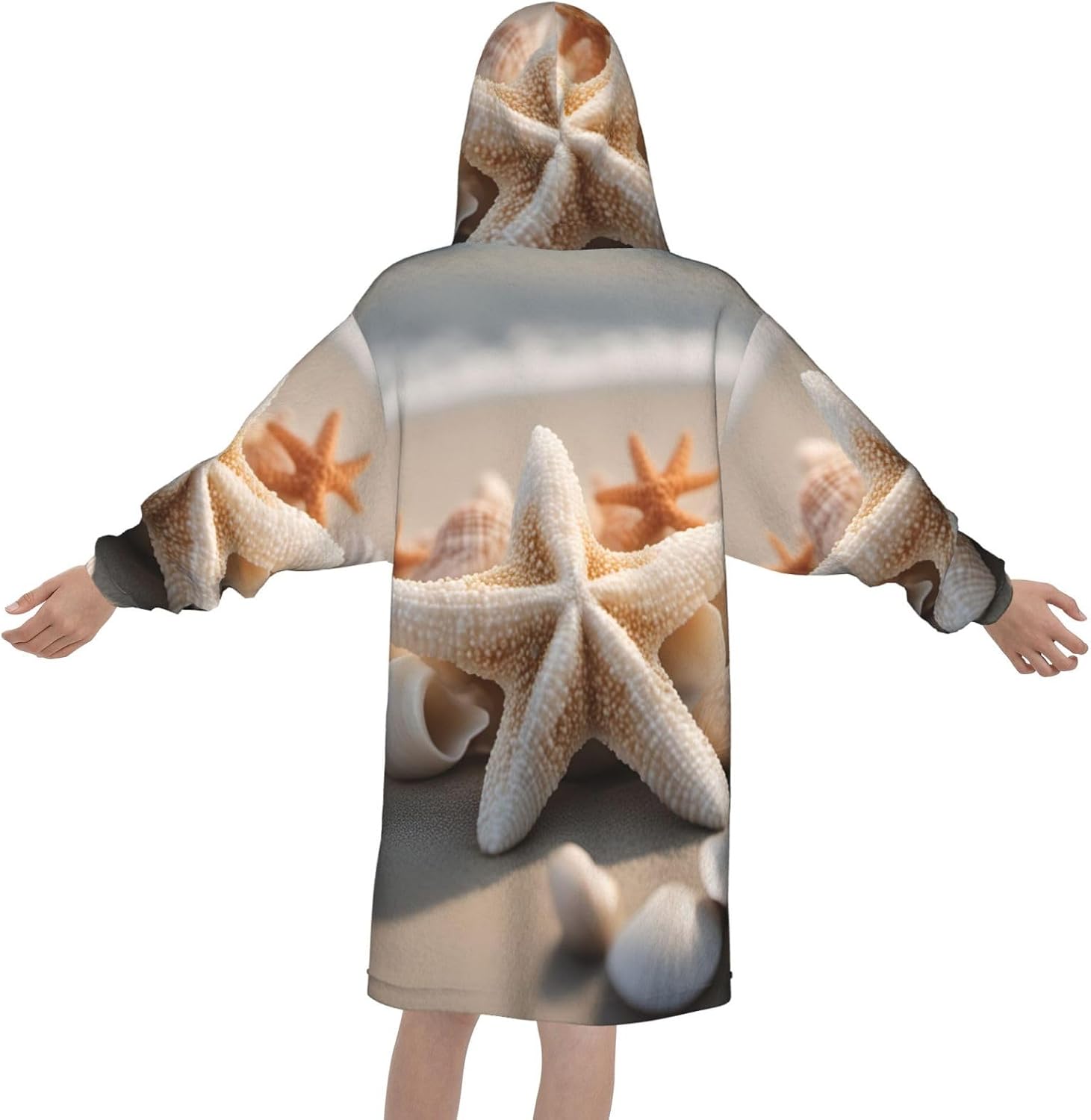 Seashell Starfish Print Oversized Blanket Hoodie, Wearable Blanket Hooded,Hooded Pullover With Pocket