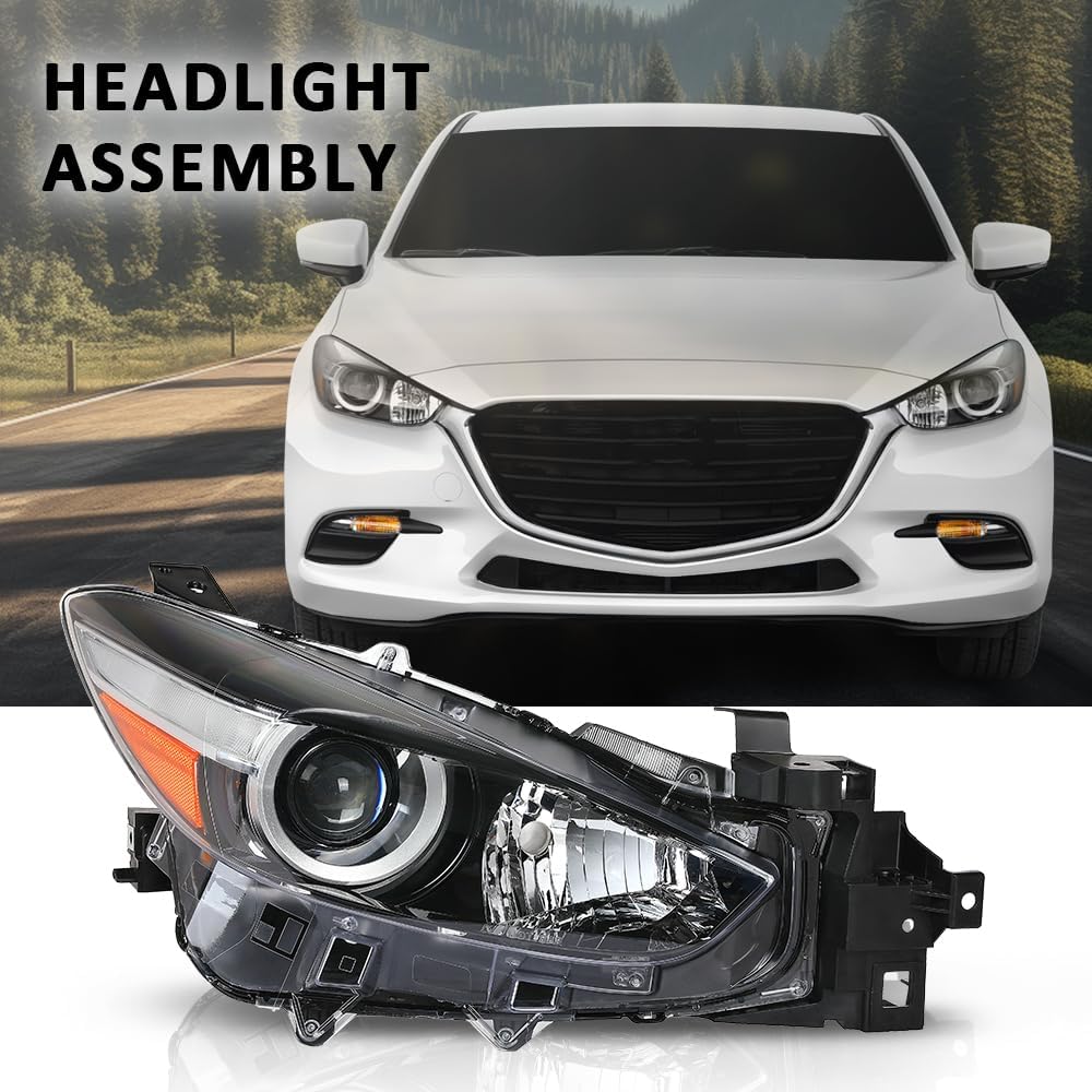 DOTCOM Headlights Assembly, Fit For Mazda 3 2017-2018(4-Door Sedan | 4-Door Hatchback) Projector Headlamps,Clear Lens Black Housing Amber Reflector Passenger Side MA2519175