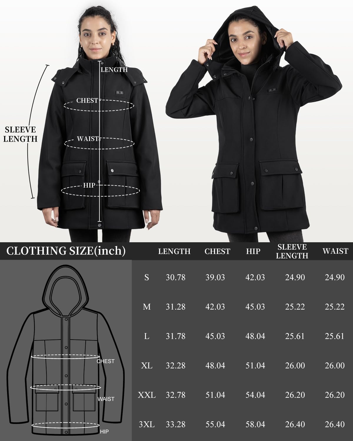 Heated Jacket for Women, Winter Heating Long Coat with Detachable Hood