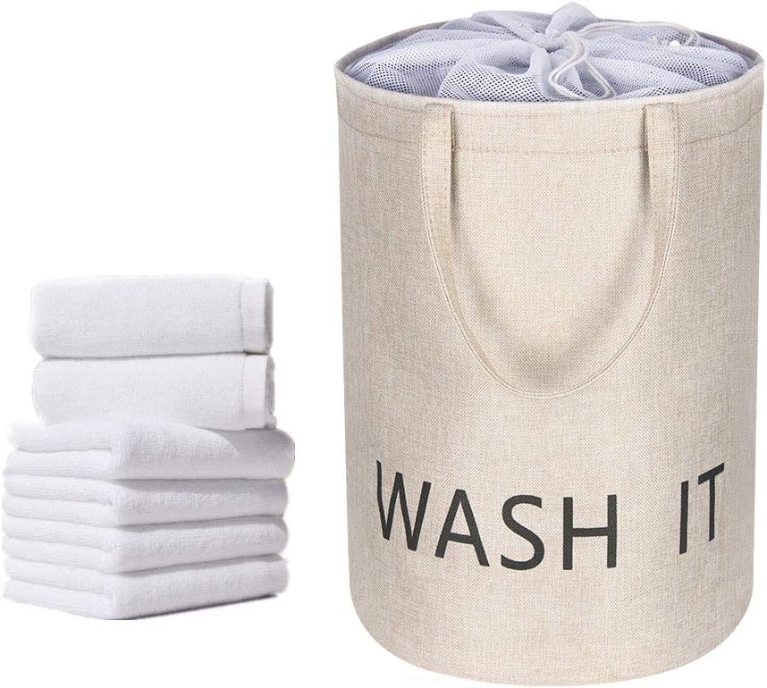 Zeroomade Laundry Basket Clothes Hamper Collapsible Cotton Linen Thickened Elastic Coating Durable Dirty Clothes Large Storage Laundry Bag Organizer Round (Beige M)