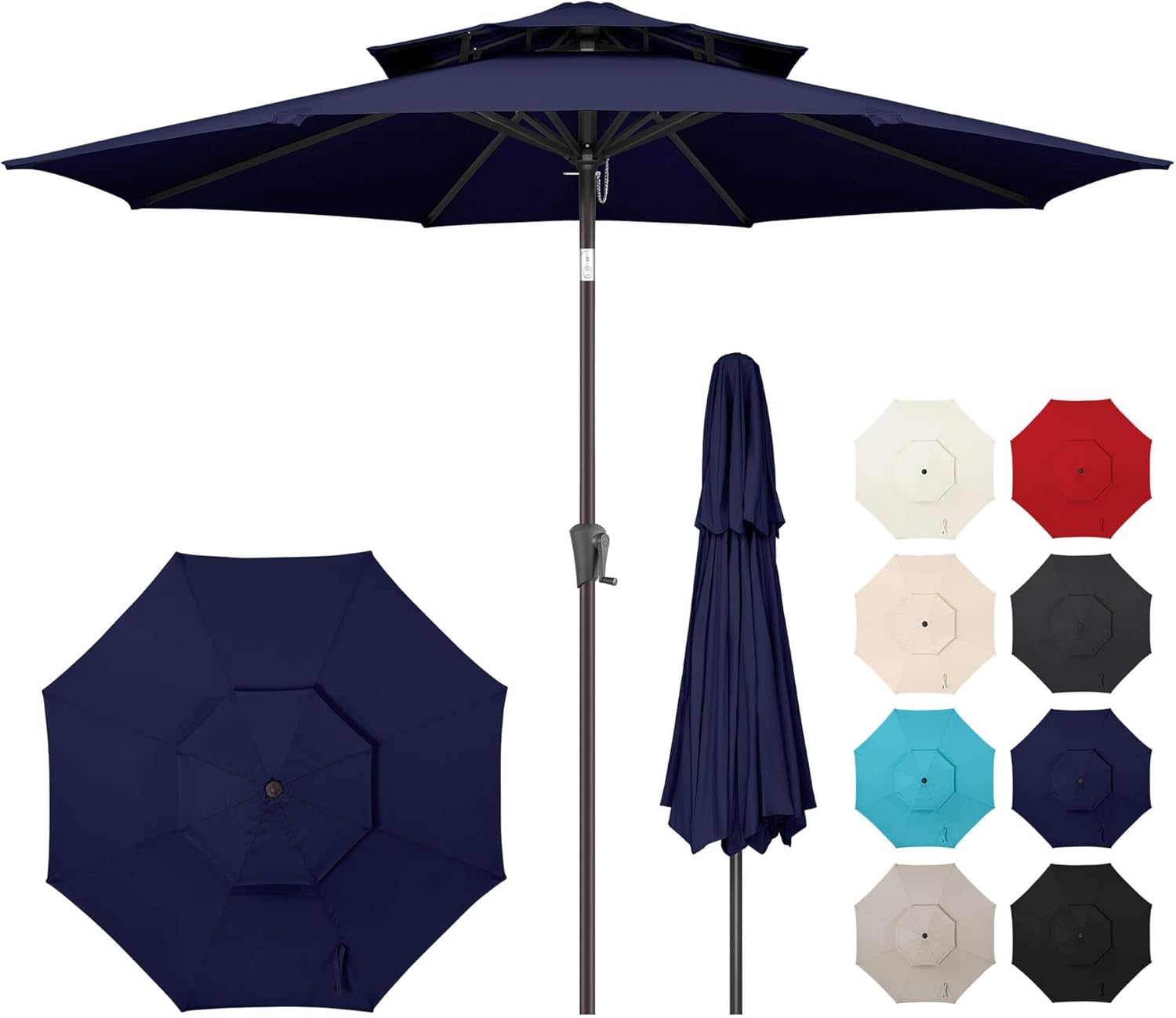 9FT Outdoor Patio Umbrella - 2 Tiers Table Umbrella Waterprool UV Protection, Sombrillas de Patio with Push Button Tilt, Sun Umbrella for Pool, Porch, Garden, Backyard (Navy Blue)