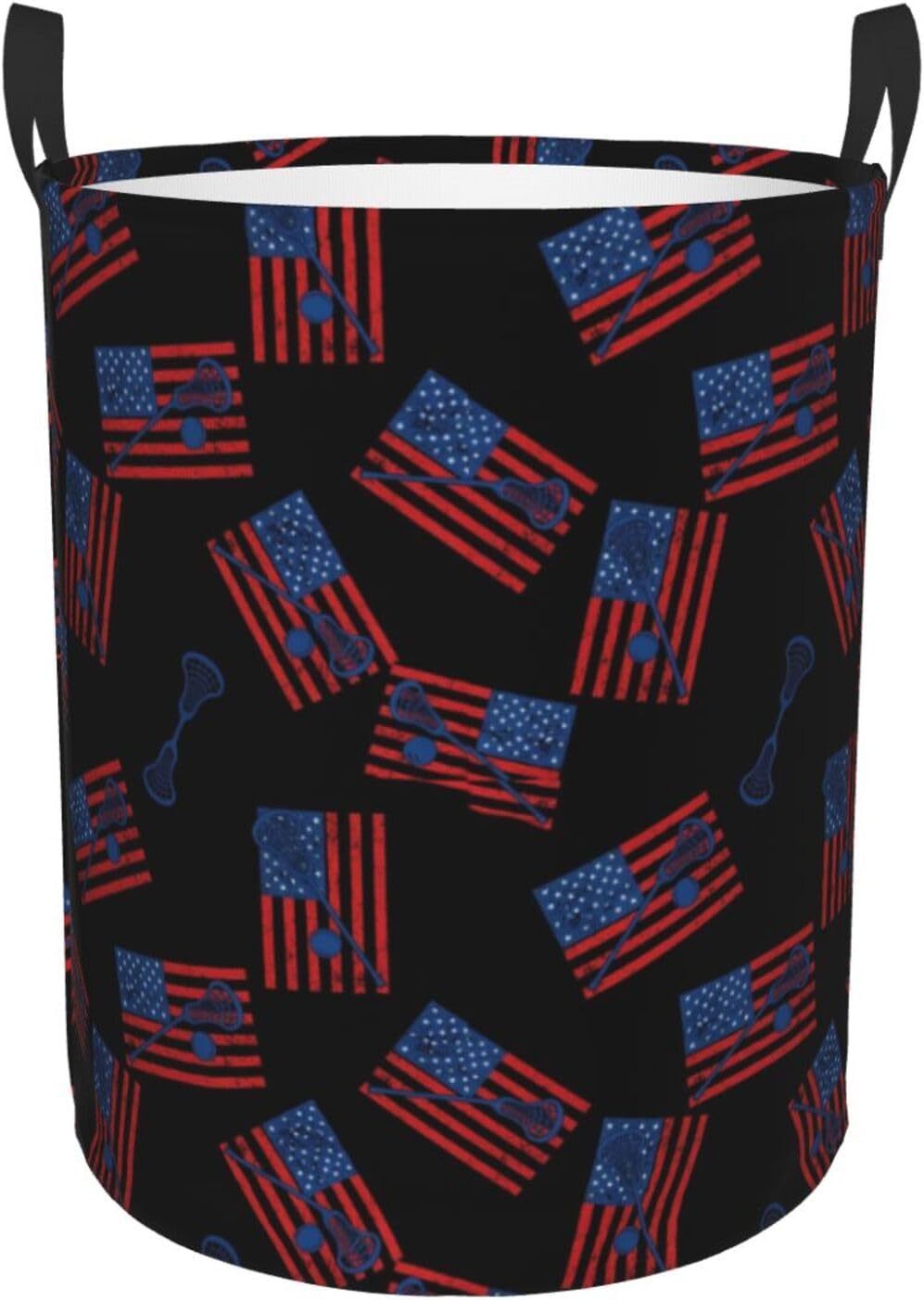 Waterproof Foldable Clothes Hamper with Handles Lacrosse Sticks Ball Usa American Flag Black, Large Capacity Basket for Laundry, Home Organization