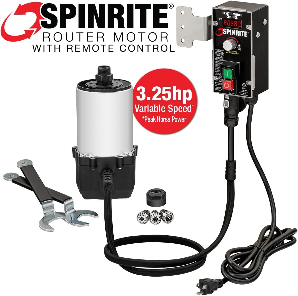SpinRite 3.25HP Router Motor For Router Lifts, Shapers, CNCs, Variable Speed Remote Control, Soft Start, Easy Mount 4.2" Body, Includes 3 ER20 Collets (1/2", 1/4", & 8mm), Offset Wrench Set