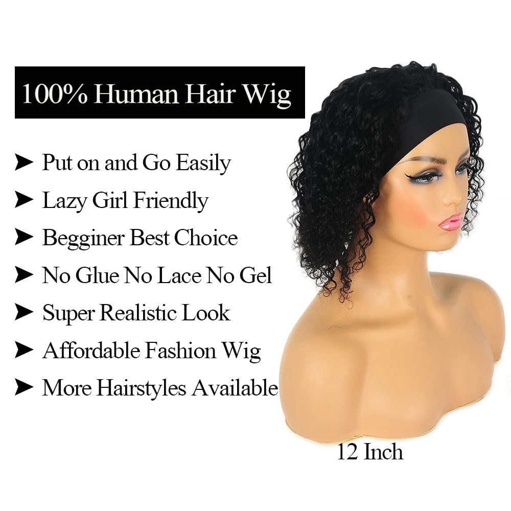 Annora Short Curly Wave Headband Wigs Human Hair for Black Women Glueless None Lace Front Human Hair Machine Made Wigs 150% Density Natural Color Wig 14 Inch