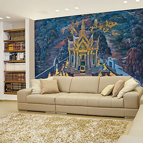 Wall26 - Black And Gold Thai Temple Fresco - Peacock In Tree With Blooming Flowers - Wall Mural, Removable Sticker, Home Decor (66"X96", Gold Leaf) #TOP30