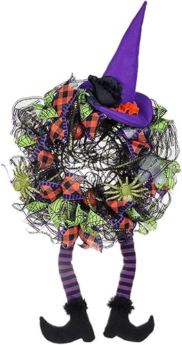 Corona de Halloween para puerta delantera, corona de sombrero de bruja y patas, gnomo al aire libre, decoración para Halloween, fiesta en el hogar