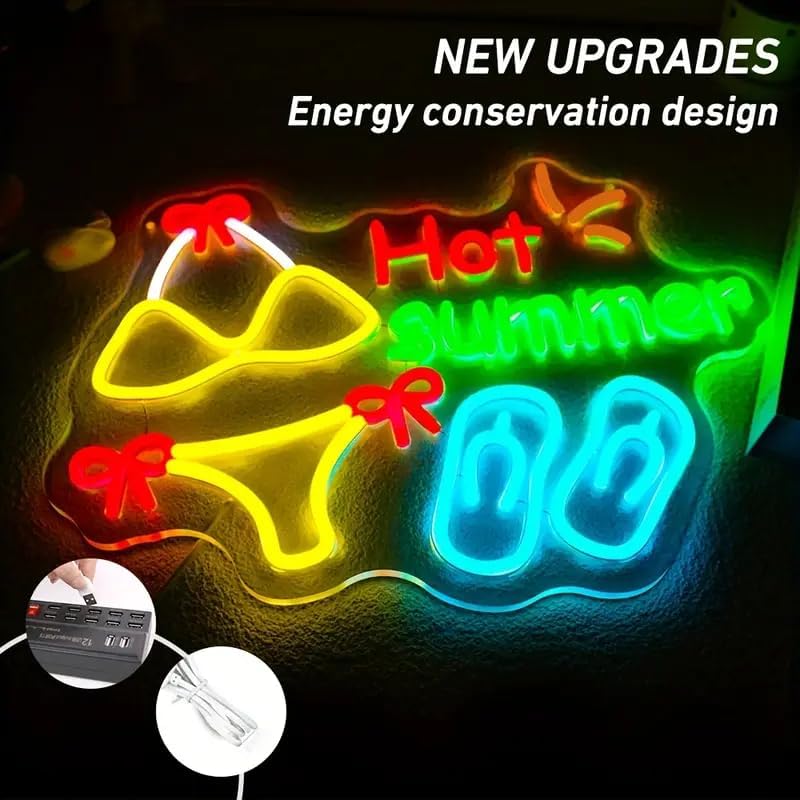 Hot Summer Neon Sign - USB Powered Multicolor LED Wall Light with Switch Control, Tropical Flip-Flops & Christmas Tree Design for Bedroom, Beach Party, Bar Decor