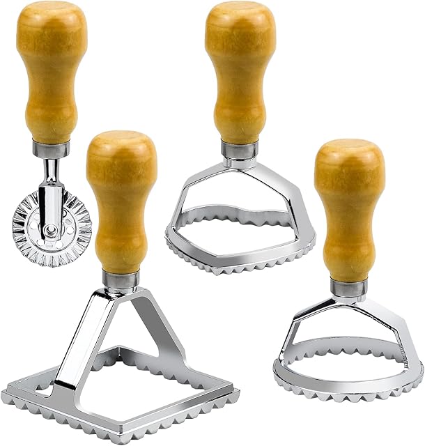 Luyoah 4 PCS Ravioli Stamp Maker Cutter, Mold with Wooden Handle and Fluted Edge, Stainless Steel Pasta Cutter Set with Roller Wheel Set, Pasta Press Kitchen Attachment for Dumplings