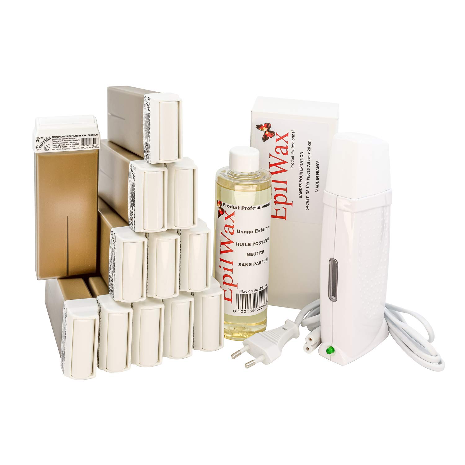 EpilWax Royal Complete Epilations-Kit mit: Professionellem Wachswärmer,12 Roll-On Wachs 100 ml Schokolade (Duft),100 Enthaarungsstreifen,1 Flasche 250 ml Öl nach der Enthaarung (Royal Chocolat 12)