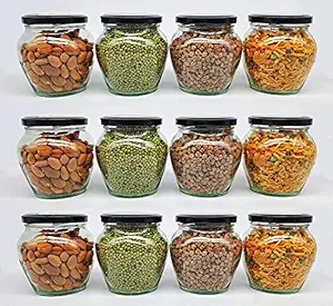 SITOVI Transparent Glass Jar and Container Air Tight Black Lid for Kitchen 400 ml Mataki Glass Jar with Airtight Metal Lid Pack of (12)