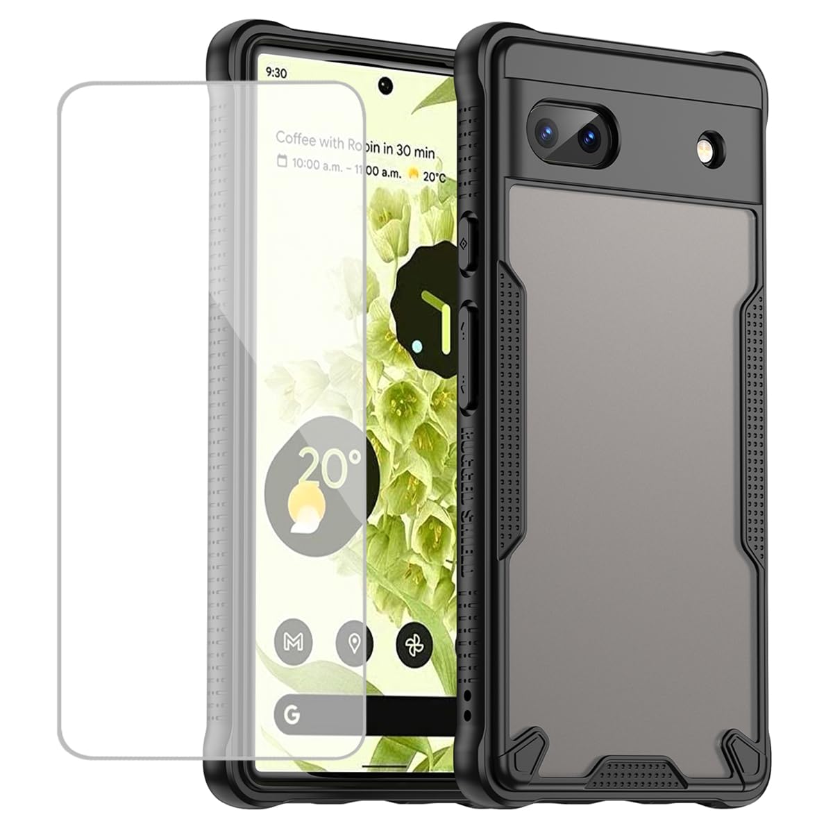 Case for Pixel 6A Case, for Google6A GB62Z Cases with Tempered Glass Screen Protector, Translucent Matte Back Cover Non-Slip Texture Protective Phone Cover for Google Pixel 6A Black